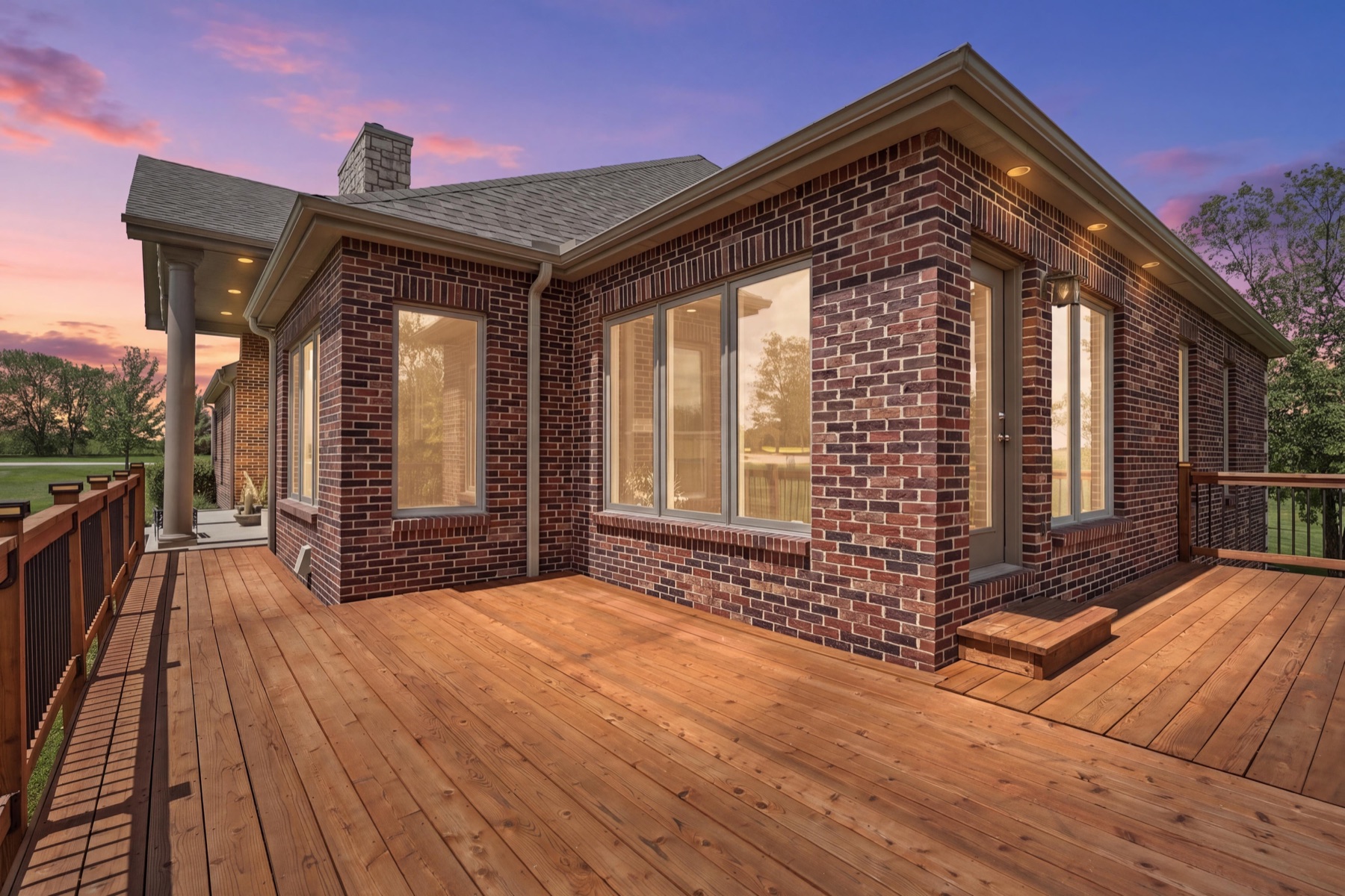 Back of the home at twilight with refinished cedar deck wrapping the brick exterior, three picture windows lit warm from inside, a chimney rising from the gable, an outdoor sconce by the back door, and a pink and lavender sky overhead